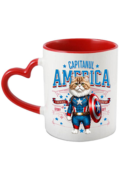 StoryGift Romania Mug with Persian Cat in Captain America Costume with Cape, Hero N, with Heart Handle