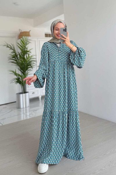 Ka Hijab Geometric Patterned Belted Dress - Blue