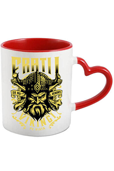 StoryGift Romania Cana Cap de razboinic Fratii-vikingi motivational , 330ml, Ceramica cu Maner Ini, Cu Maner Inim
