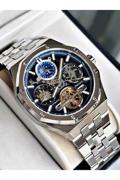 Ferrucci Silver Color Mechanism Luxury Business Model Automatic Mechanism Men's Wrist Watch + Bracelet