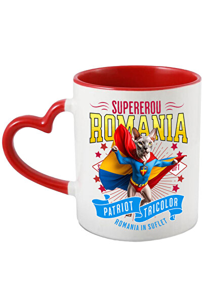 StoryGift Romania Mug with Sphynx Cat in Captain Romania Costume with Cape, Night Hero, By, With Heart Handle