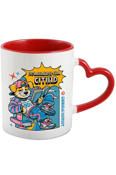 StoryGift Romania Dog Mug Street Style Colorful Cheerful With Book Funny Hobby Text In Roma Language, With Heart Handle