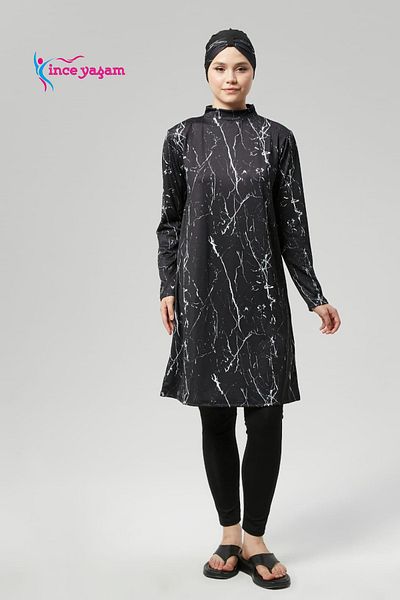 İNCEYAŞAM Fully Covered Water Repellent Quick Dry Hijab Swimsuit Suit Hijab Swimsuit Scalding Marble Pattern