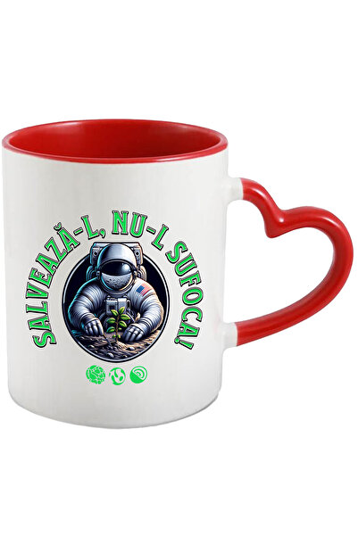 StoryGift Romania Cana om astronaut planeta salveaza-l nu-l sufoca polu, 330ml, Ceramica cu Maner , Cu Maner Inim