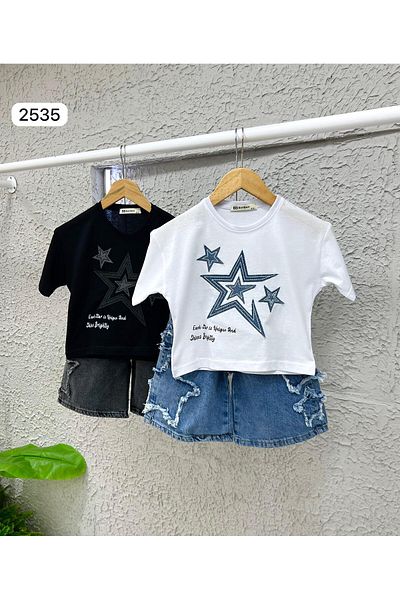 JOYBOY KİDS Set de 2 pantaloni scurți din denim brodat cu stea pentru fete