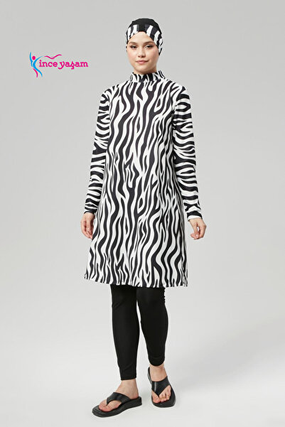 Genel Markalar Tam Kapalı Su İtici Hızlı Kuruyan Tesettür Mayo Takım Tesettür Mayo Haşama Zebra Desenli