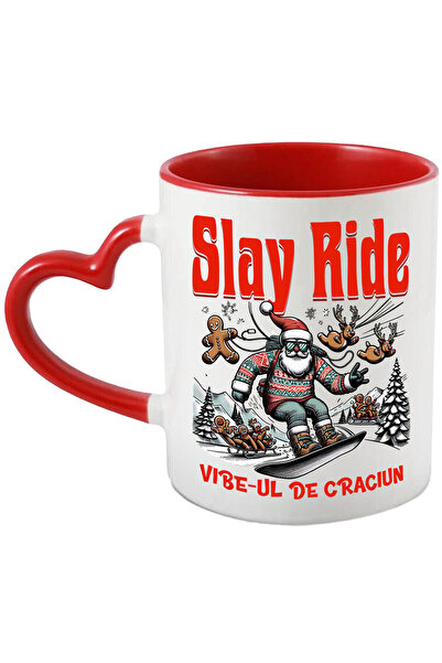 StoryGift Romania Cana cu Mos Craciun Cu Pulover Haios Pe Placa Snowboard Text Slay Ride Vibe-ul D, Cu Maner Inim