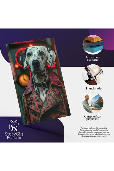 StoryGift Romania Tablou Canvas Dalmatian Cu Ochii Stralucitori In Jacheta De Piele Roz Cu Pete Negre Si Zgarda