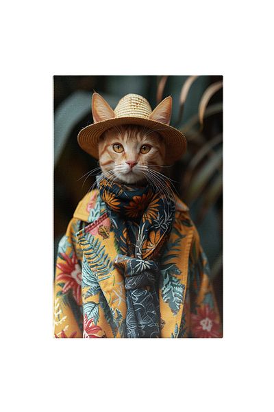 StoryGift Romania Tablou Canvas Pisicuta Cu Palarie Si Ochi Senini Cu Esarfa Albasta In Palton Galben Cu Model I