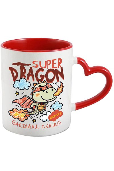 StoryGift Romania Cana cu Dragon Desenat Copii Cu Pelerina Si masca De Super Erou Flacari Text Sup, Cu Maner Inim