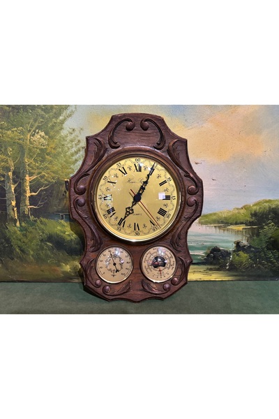 tayfuntufan antika koleksiyon مقياس البارومتر والرطوبة على شكل ساعة فرنسية عتيقة على قاعدة خشبية مقاس 34 سم و24 سم