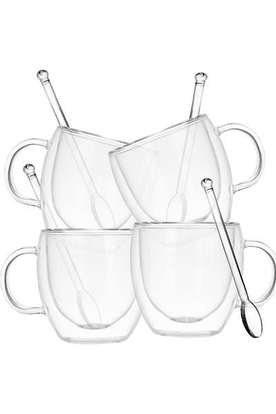 Quasar & Co. Set of 4 Double-Walled Mugs and 4 Spoons ®, Heat-Resistant Glass, 250ml