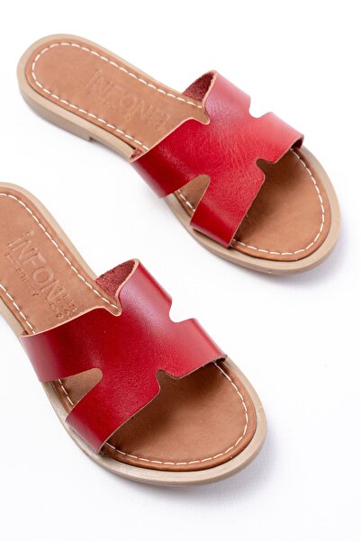 serkanseyyid 169-6100 Red Orthopedic Genuine Leather Women's Slippers