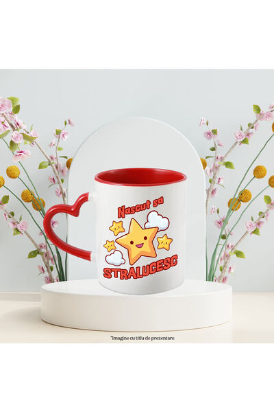 StoryGift Romania Cana cu Stele Vesele Printre Nori Text Nascut Sa Stralucesc Copii, Ceramica, 330, Cu Maner Inim