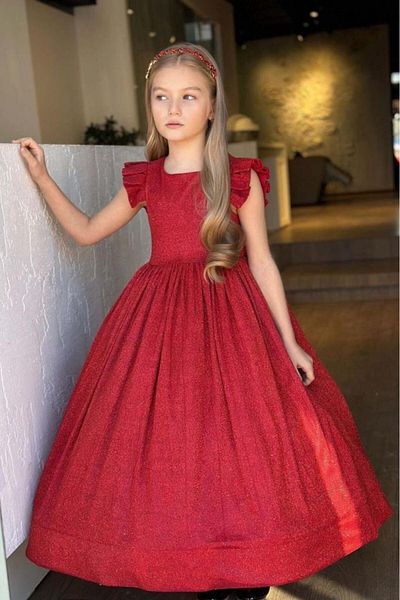 Riccotarz Girl's Sparkling Red Evening Dress with Ruffle Shoulders and Glitter