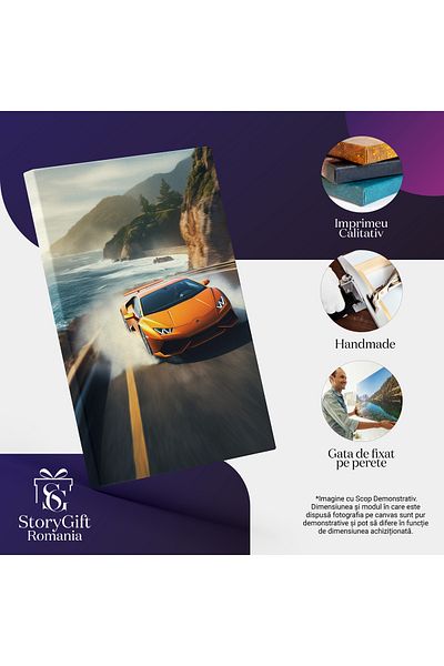 StoryGift Romania Tablou Canvas: Bolid De Lux Lamborghini - Merge Cu Viteza Acceleratie Apa Insula Pictura Digit