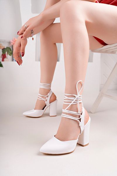 Saltopik White Patent Leather New Drawstring Open Back Heeled Shoes