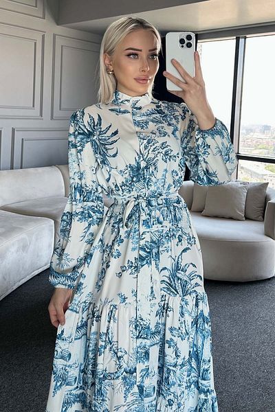 benguen Patterned Hijab Dress Navy Blue 506-1