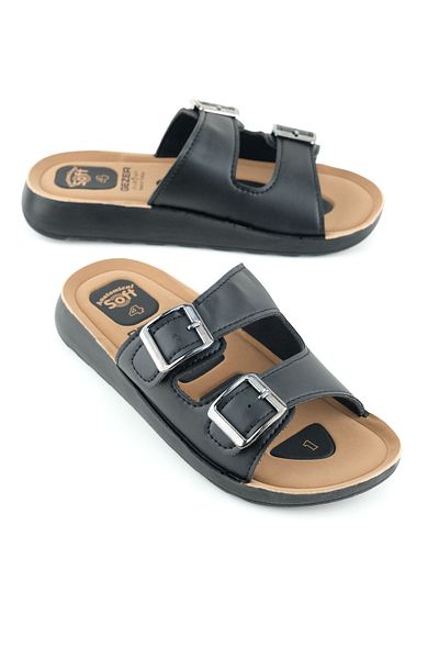 GEZER Women's Summer Pu Bottom Sole Artificial Leather Two Buckle Adjustable Insole Anatomical Four Point Pillow