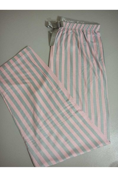 BAHHAR Women's Pink Gray Striped High Waist Pants Fit Without Pocket Oversized Soft Viscosa Pajama Bottoms