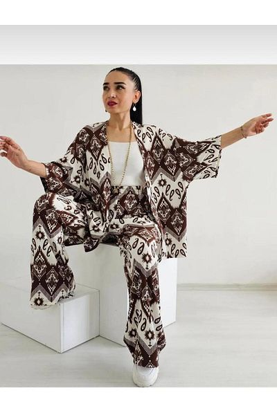 Markleydi Women's Relaxed Fit Kimono Bottom Long Top Summer Set