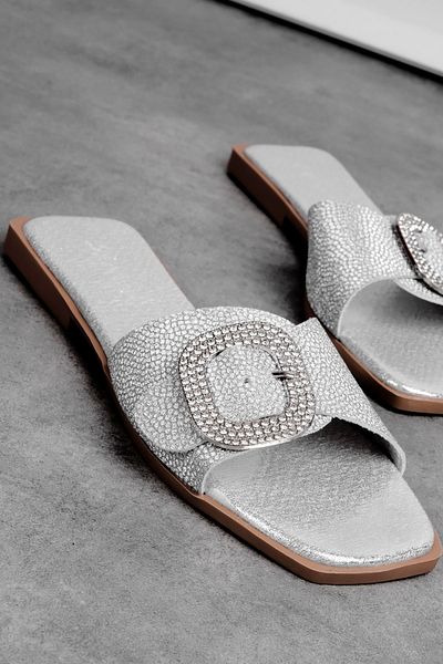 Lal Shoes & Bags Papuci Nagite pentru femei cu cataramă cu pietre, argintii