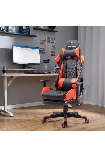 BACK COMFORT Luxury Gaming Chair with Reclining Backrest, Premium Leather, Neck and Foot Support
