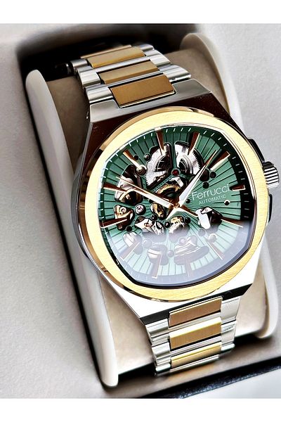 Ferrucci Gold Gold Silver Color Steel Cord Business Automatic Steel Cord Men's Wristwatch + Bracelet