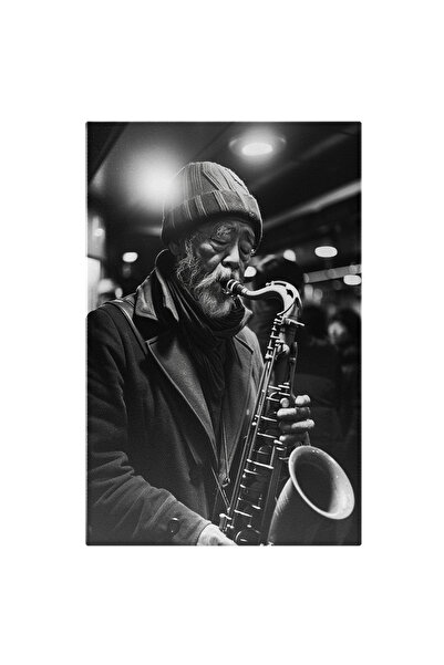 StoryGift Romania Tablou Canvas: Om În Vârstă Cu Căciulă, Cântând La Saxofon-...