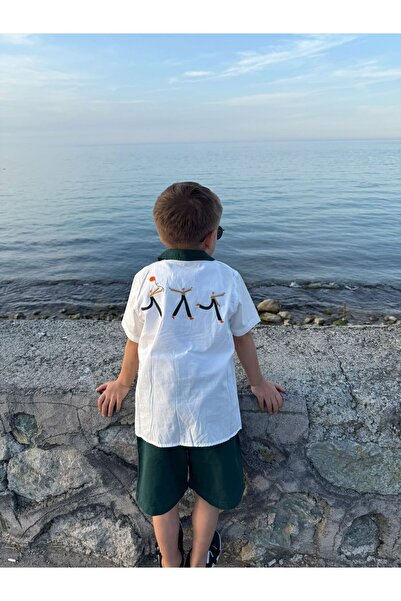 Pollito Boy's Apaş Collared Shirt with Pocket and Embroidered Back, 2-Piece Set