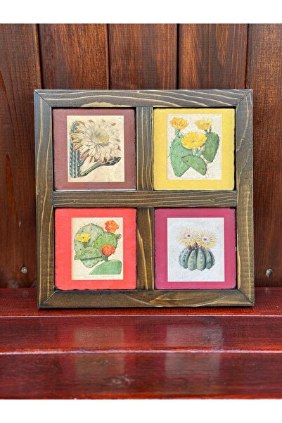Butik Uv Printed Stone Frame with Natural Wood Frame 26X26 cm (Cactus Pattern2)