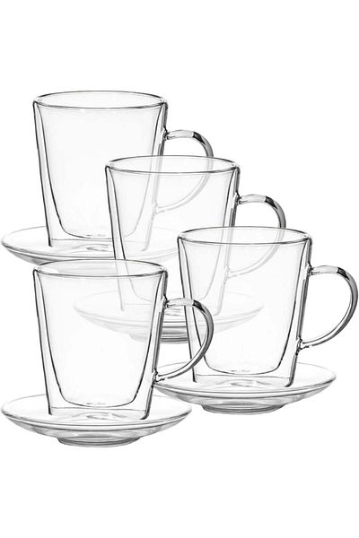 Quasar & Co. Set of 4 Cups and 4 Saucers ®, Double Walled, Borosilicate Glass, 250 Ml, Transparent