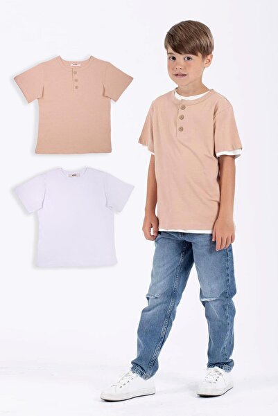 zepkids Dvodelna bela bež majica za dečake sa dugmićima