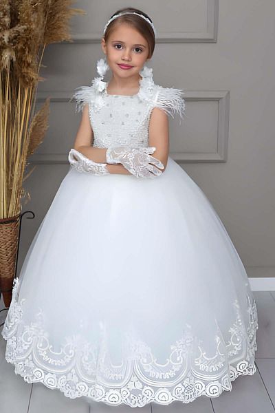 Riccotarz Girl's Shoulders Tassels Body Pearl Beading Embroidered Skirt Tip Lace Embroidered Tulle White Evening Dress