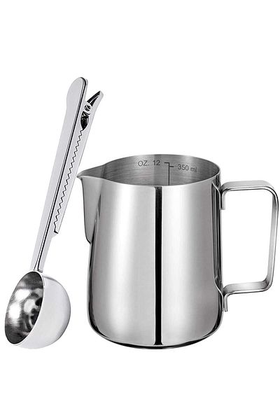 Quasar & Co. Milk Frother Set with Milk Dispenser Spoon ®, Barista Cup, Stainless Steel, 350ml, Silver