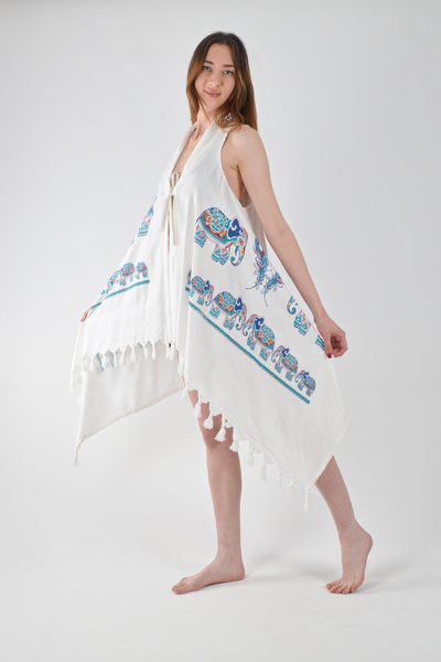 REİNA TEKS Асиметрична віскозна куртка-накидка синього кольору з малюнком філі, бавовняний пляжний одяг, 1 штука, парео, пляжний одяг