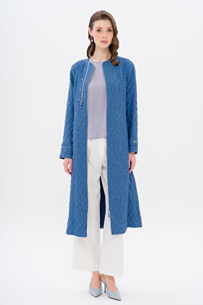 Olcay Crew Neck Zipper Detailed Quilted Patterned Lightweight Cap Indigo 6707