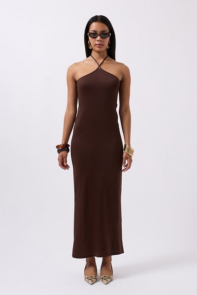 Black Fashion Cross Strap Maxi Brown Dress