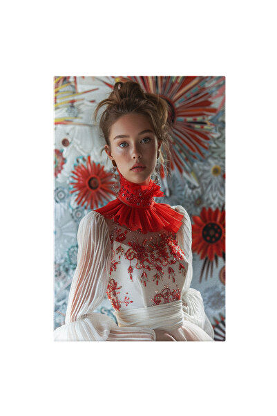 StoryGift Romania Tablou Canvas: Pretty Woman In Rochie Alba Cu Guler Rosu Si...