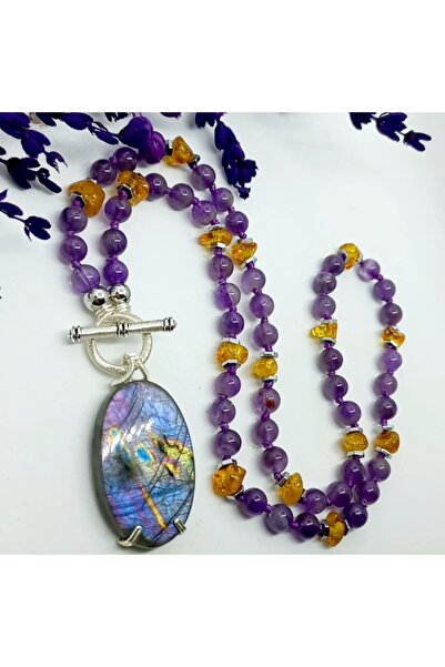 Sibelce 2278 Labradorit Ametist Kehribar el yapımı düğümlü kolye