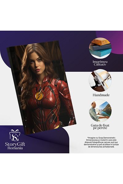 StoryGift Romania Tablou Canvas: Portret Fata Eroina In Costum De Erou Flash Cu Detalii Aurii Pictura Digitala