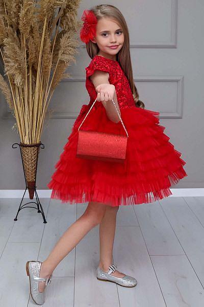 Riccotarz Girl's Ivy Embroidered Skirt with Ruffle Detail on the Shoulders Red Evening Dress with Tulle Layers