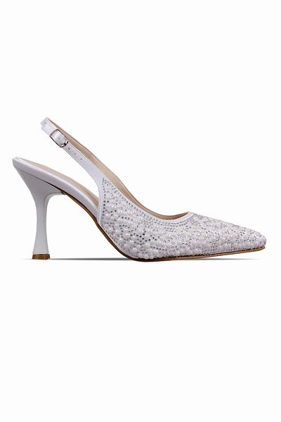 Lal Shoes & Bags Modi Women's Pearl and Stone Detailed Satin Pointed Toe Heeled Shoes-Sedef
