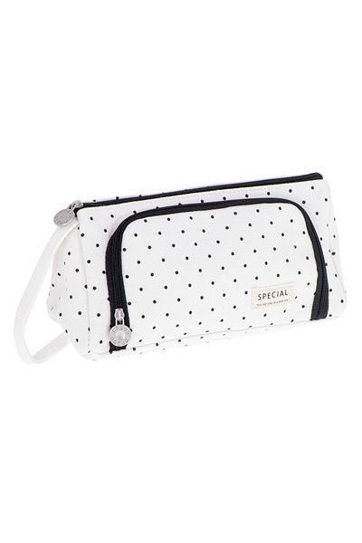 zola Storage pencil case, 2 compartments, interior pockets, 22x7x10 cm, white with polka dots