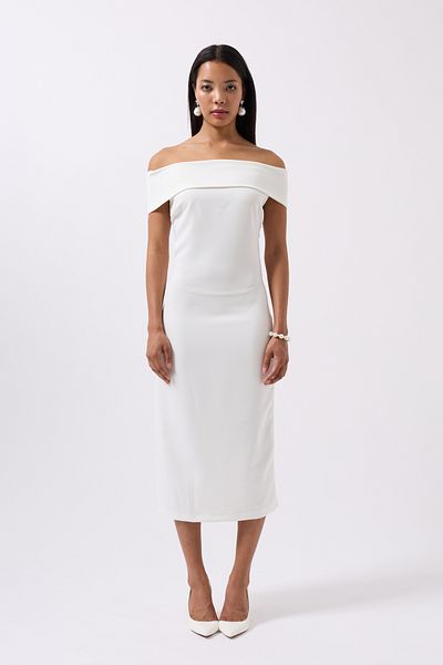Black Fashion Shoulder Fold Detail Maxi White Dress