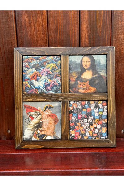 Butik UV Printed Stone Frame with Natural Wood Frame 26x26 cm (Cat Pattern)