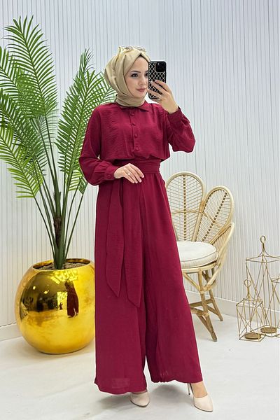 Neşeli Butik Women's Belted Shirt Collar Loose Islamic Jumpsuit Nms010