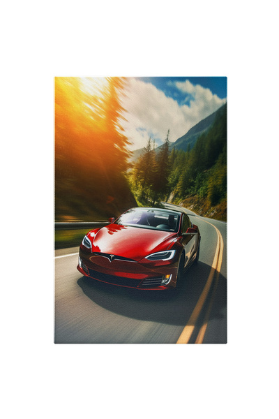 StoryGift Romania Tablou Canvas: Fotografie Cu O Tesla Rosie - Pe Sosea Verdeata Natura Pictura Digitala