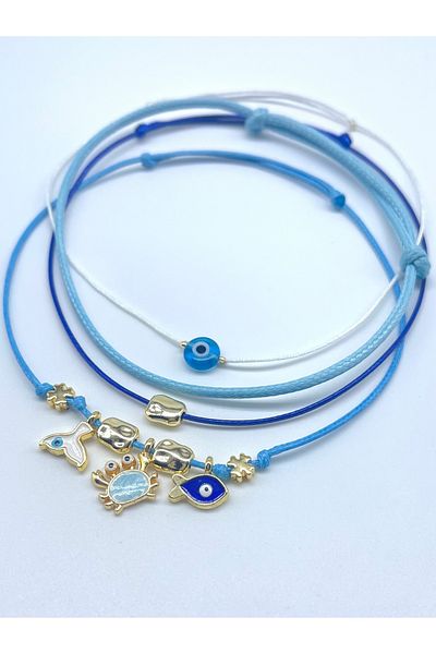 Concept HuBuTU 4 Pieces Minimal Sea Themed Blue Turquoise White Rope Summer Anklet Set for Evil Eye and Luck