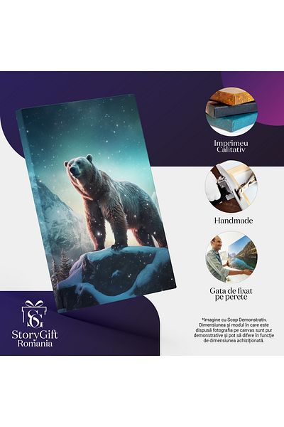 StoryGift Romania Tablou Canvas: Urs Care Sta Pe O Stanca - Ninsoare Frig Munti Pictura Digitala
